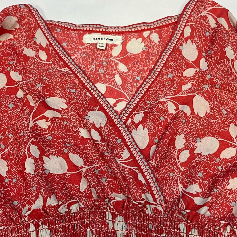 Max Studio Red Floral Smocked Fit Flare Dress Flutter Sleeve Women Small 9912D52 - Picture 6 of 16